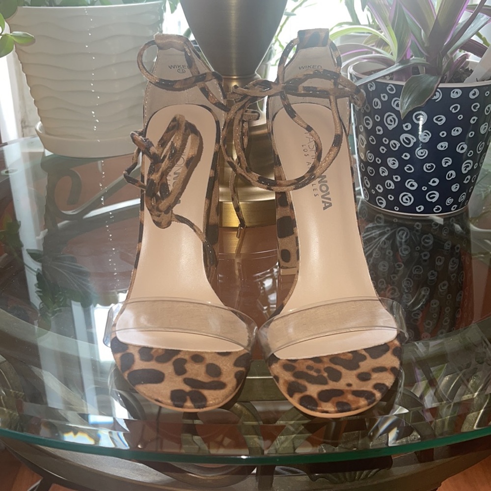 Leopard Print Ankle Wrap Dress Sandals - Picture 2 of 3